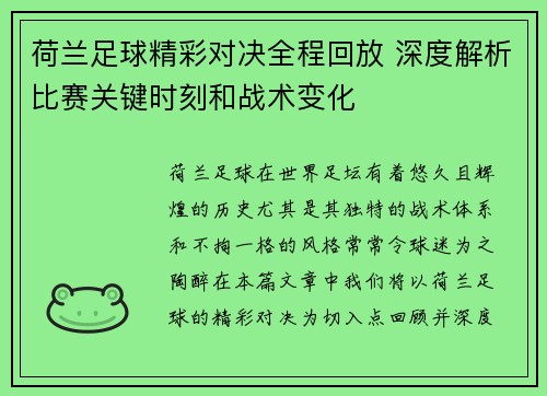 荷兰足球精彩对决全程回放 深度解析比赛关键时刻和战术变化