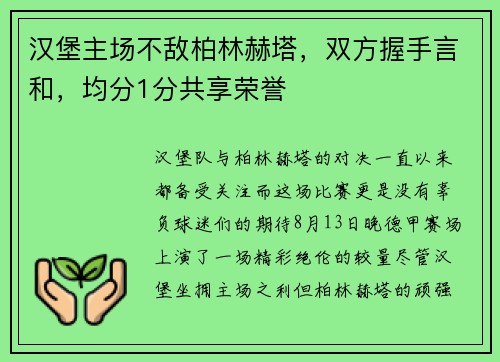 汉堡主场不敌柏林赫塔，双方握手言和，均分1分共享荣誉