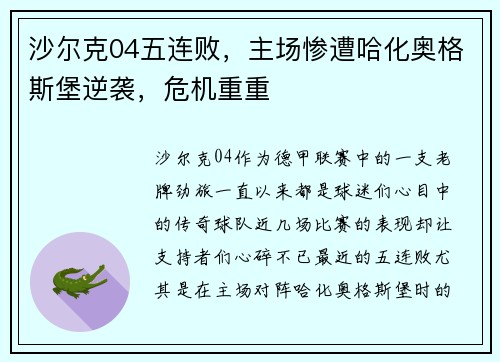 沙尔克04五连败，主场惨遭哈化奥格斯堡逆袭，危机重重