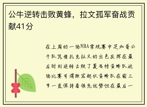 公牛逆转击败黄蜂，拉文孤军奋战贡献41分