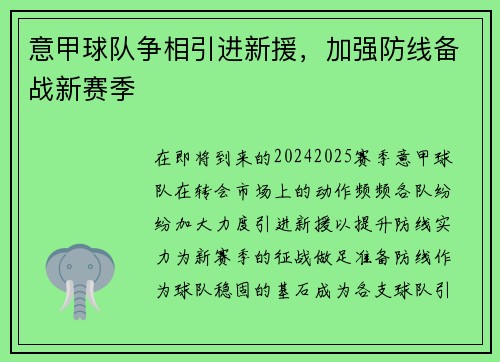 意甲球队争相引进新援，加强防线备战新赛季