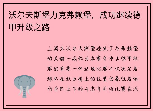 沃尔夫斯堡力克弗赖堡，成功继续德甲升级之路